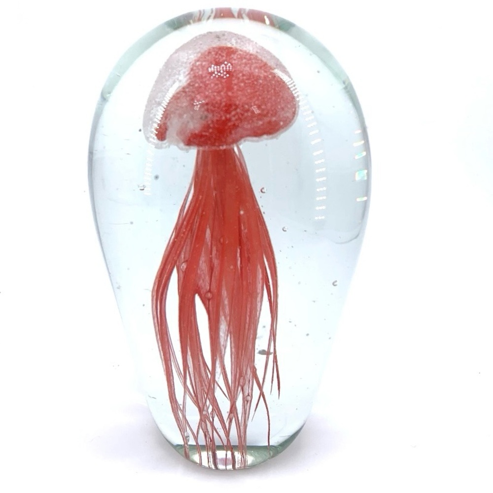 Art Glass Jellyfish Paperweight Hand Blown Red & Clear Glass 6” Tall